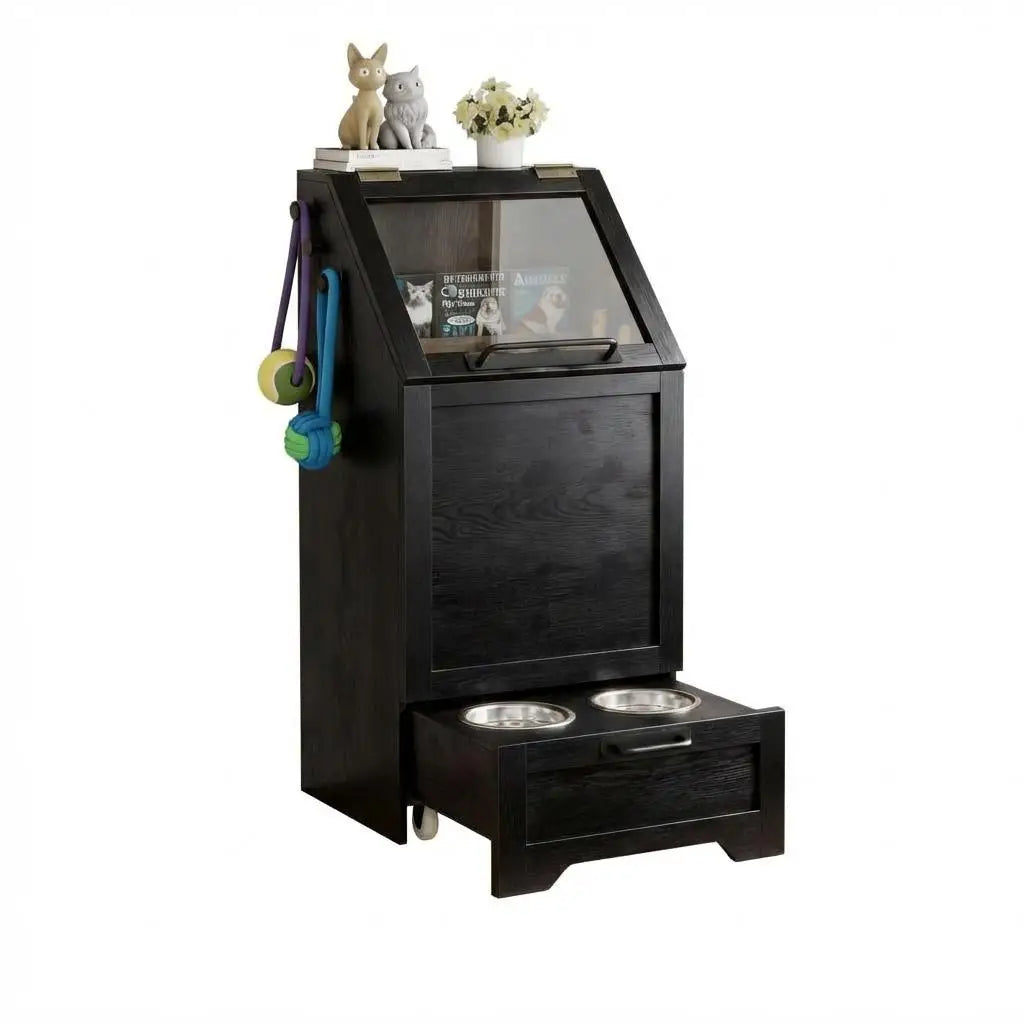 HiMISS Dog Food Station With Storage Raised Bowls And Hanger