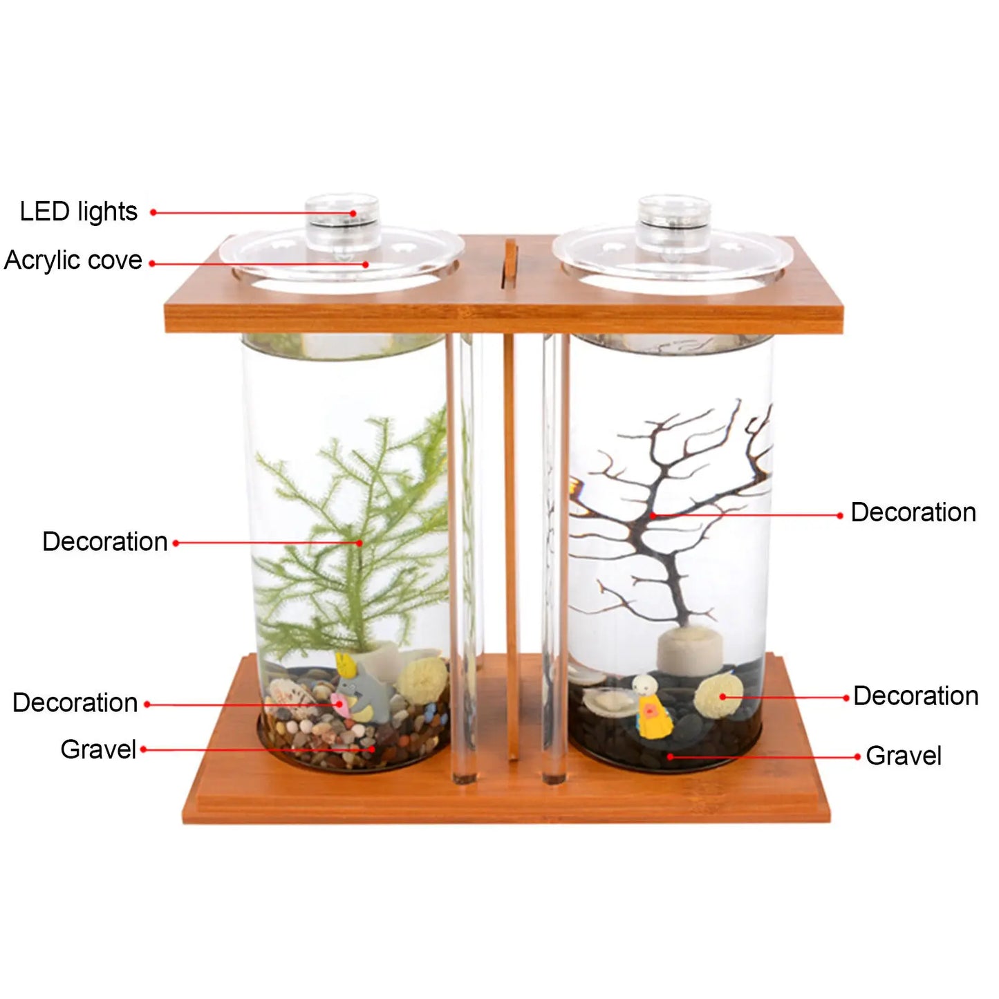 Glass Betta Tank With LED Light Bamboo Base Two Tank