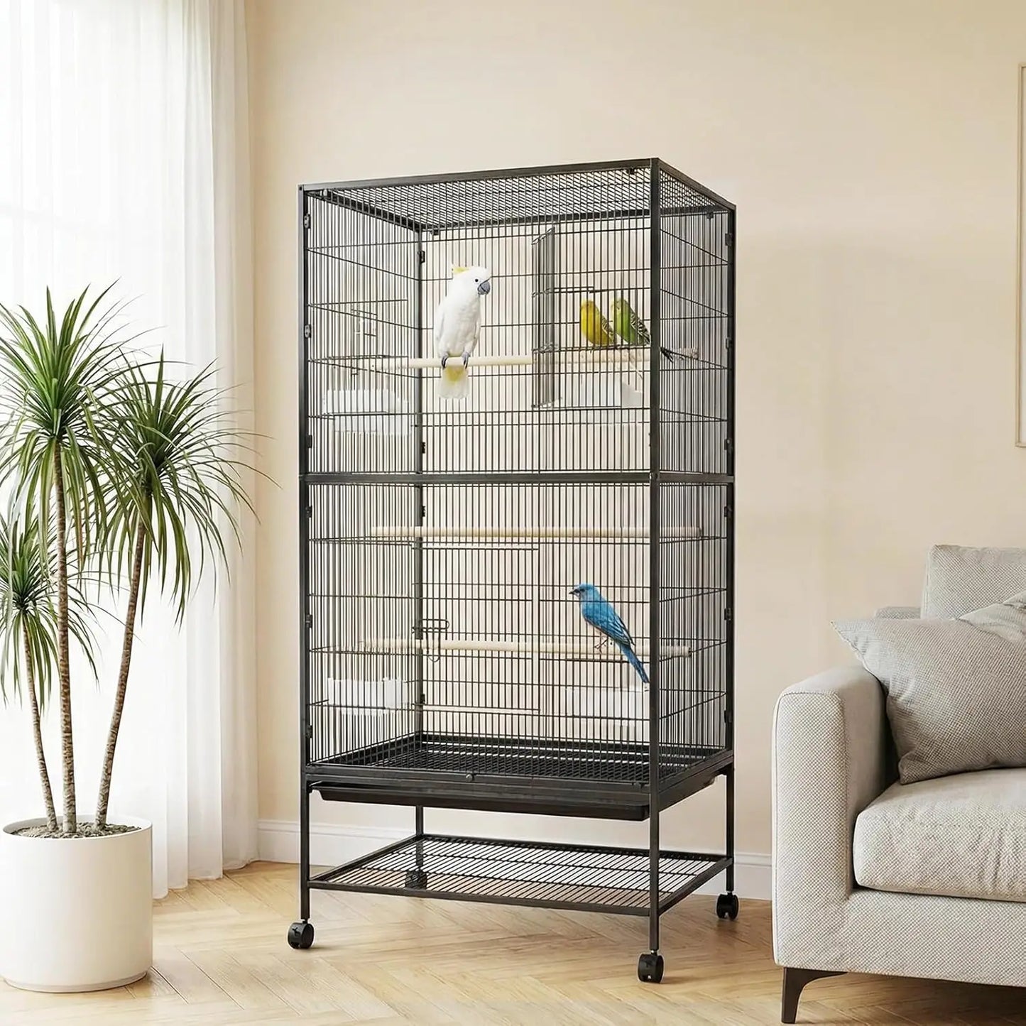 HiMISS Large Bird Cage With Rolling Storage Stands And Bowls