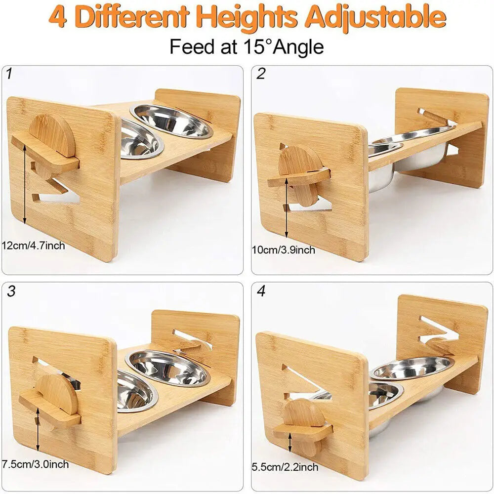 Adjustable Bamboo Raised Dog Feeding Stand With Stainless Steel Bowls