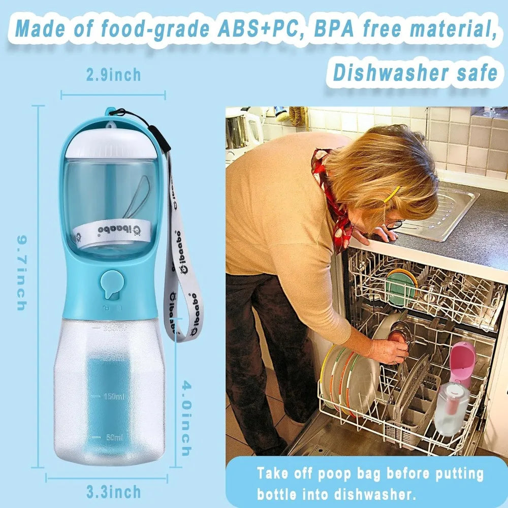 Dog Water Bottle With Food Container Poop Bag Holder Portable Travel Bowl