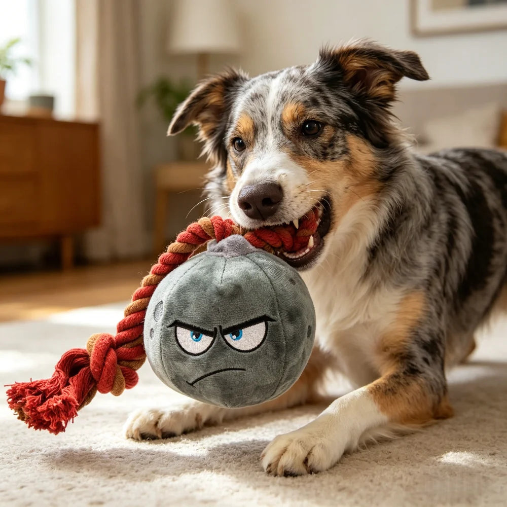 Plush Grenade Dog Toy with Pull Cord: Cute Chew & Tug Toy, Soft Rope and Stitch Design for Interactive Play