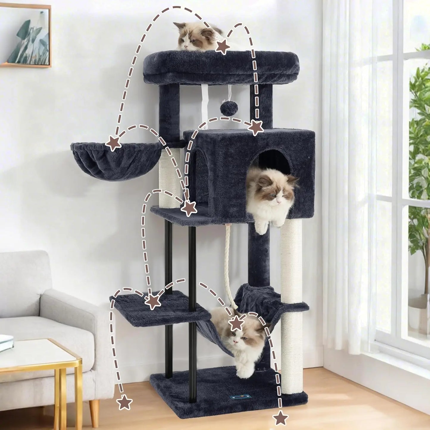 Cat Tree Tower For Indoor Cats With Hammock And Condo