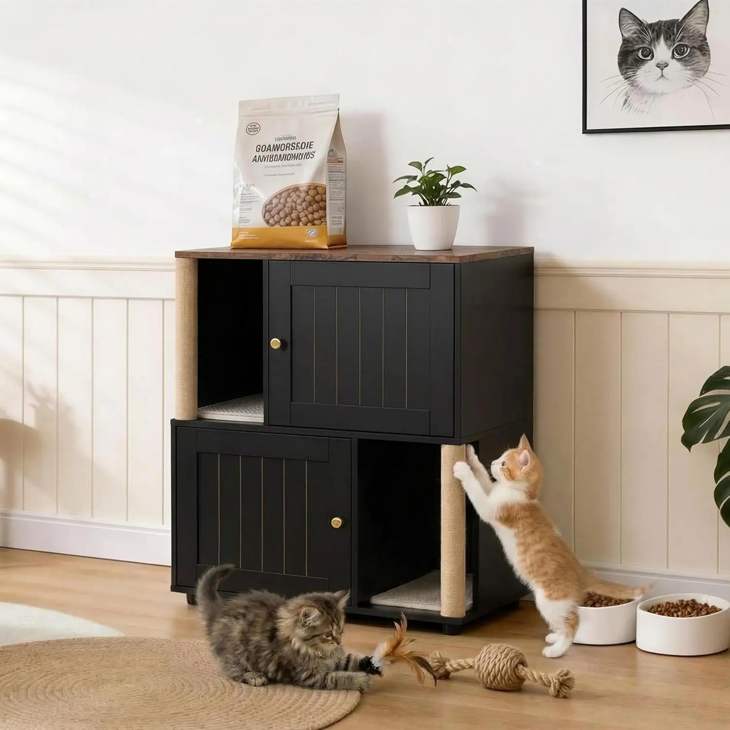 HiMISS Cat Litter Box Enclosure Dual Layer Cabinet With Litter Mats