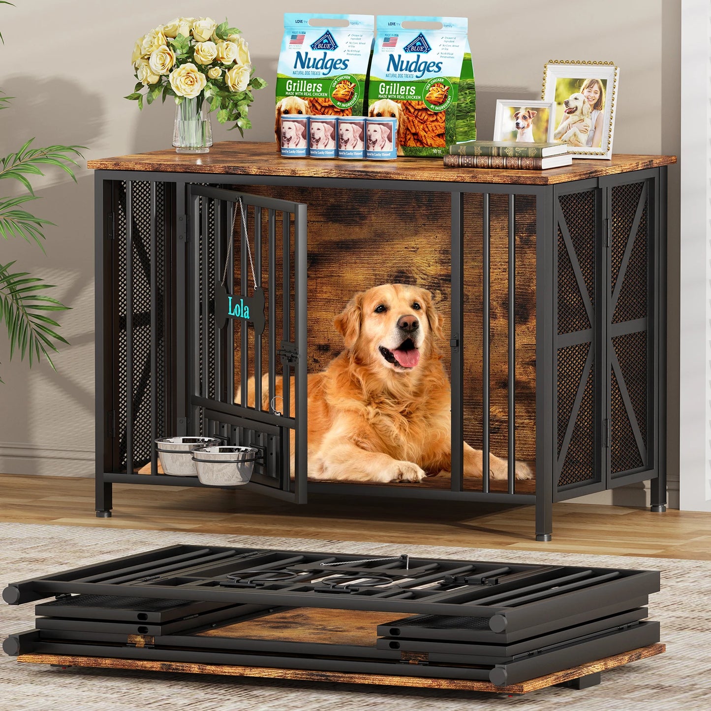 Foldable Large Dog Crate Furniture Wooden Kennel Indoor