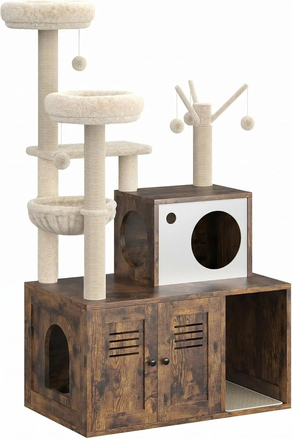 Cat Litter Cabinet with Cat Tree, 1 Piece 12MM Particle Board + 400G Plush, 140 cm High, Multifunctional Pet Furniture, Indoor Cat Accessories, Hidden Cat Litter Box Enclosure