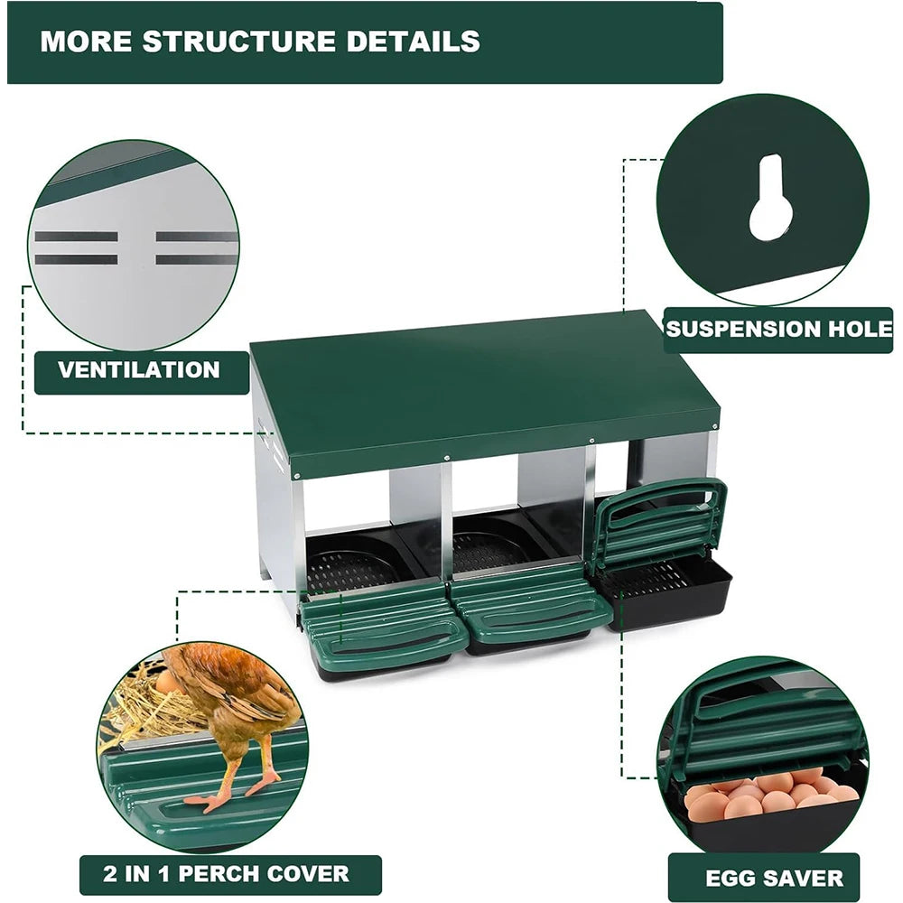 HiMISS 3 Compartment Roll Out Nesting Box For Chicken Coop