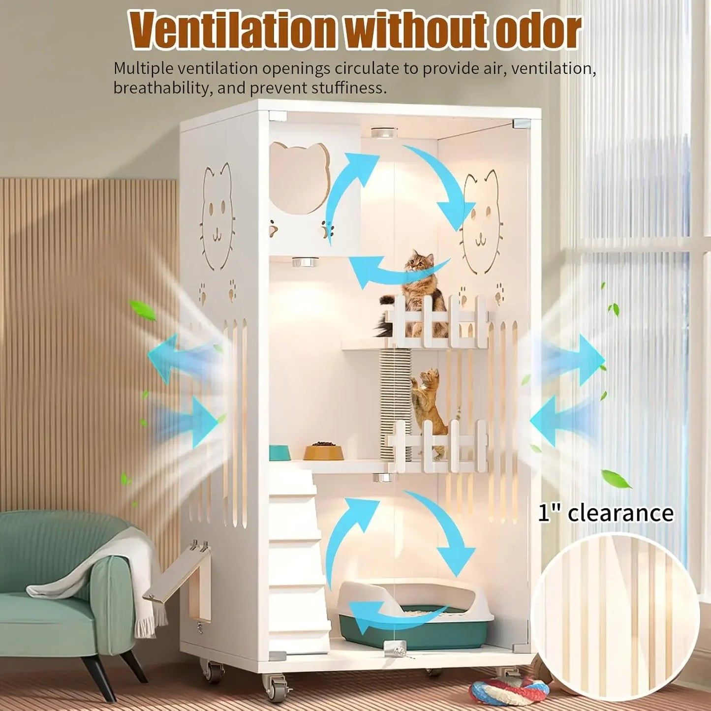 Large Wooden Cat House, Indoor Cat Condo Enclosed, Multi-Feature Luxury Cat Villa with Wheels Scratching Post,, Customized