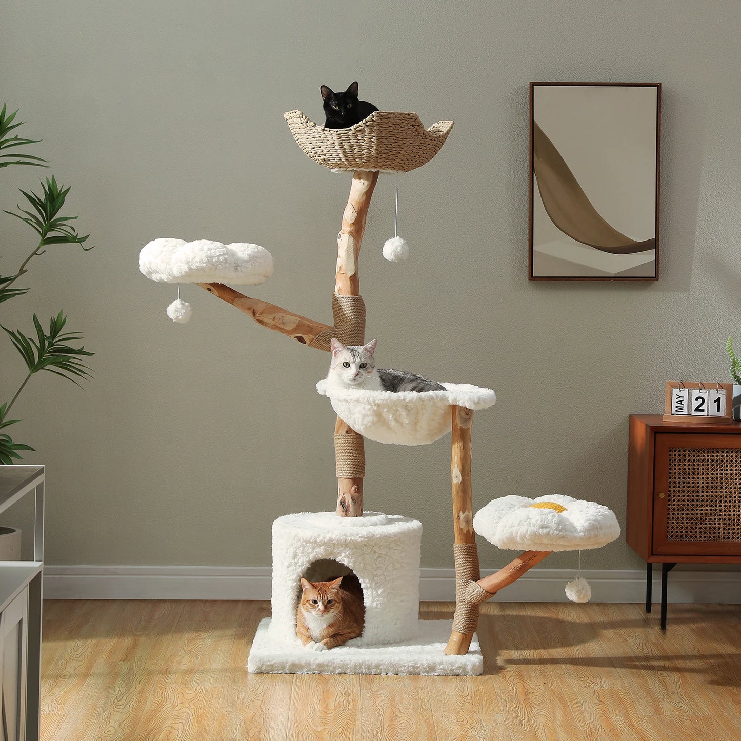 PEQULTI Solid Wood Cat Tree With Condo And Perches