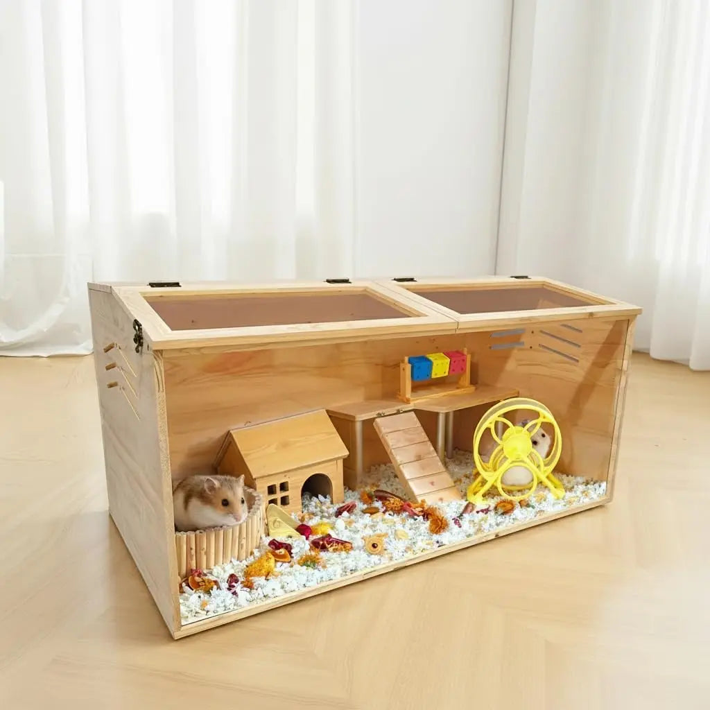 Wooden Small Animals Cage Large Hamster Habitats Enclosure Tank with Lock Acrylic Sheet & Openable Top for Chinchilla Guinea Pig