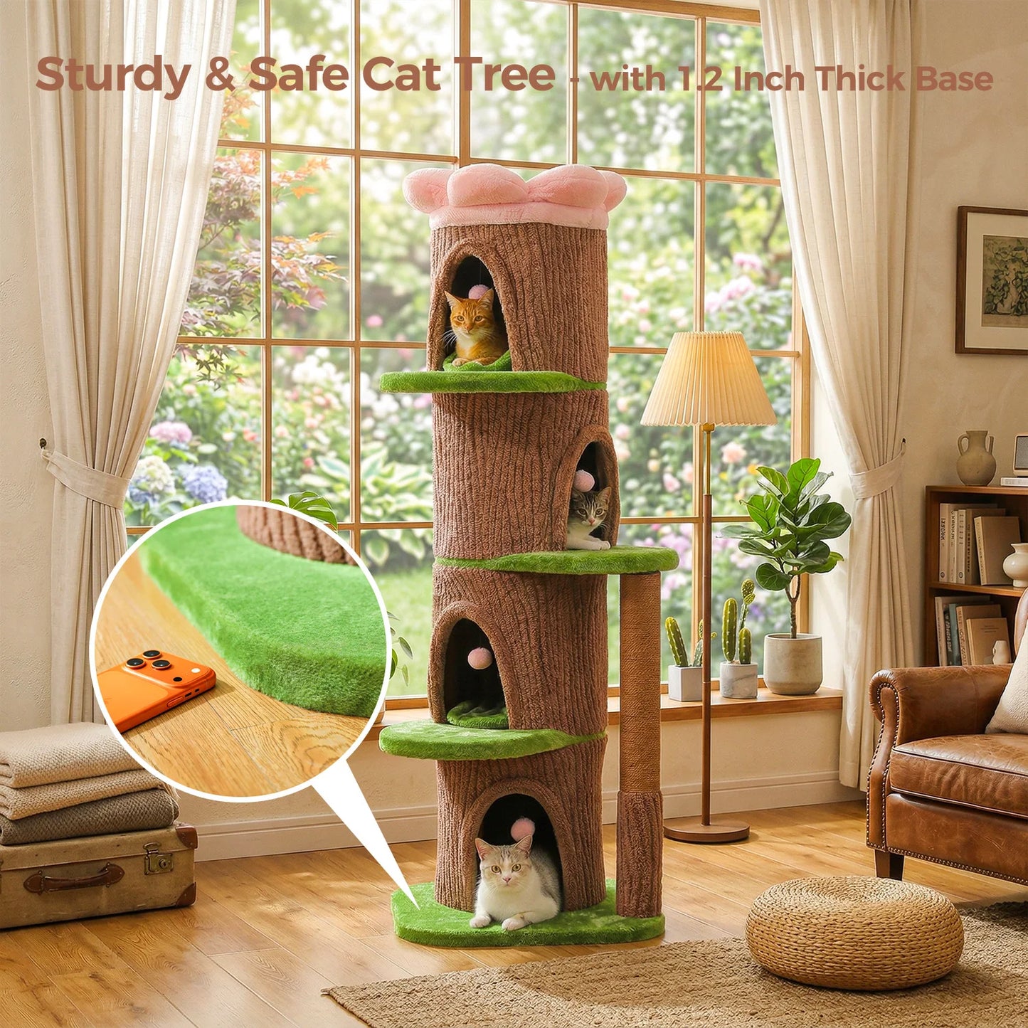 Cat Tree Tower With 4 Condos, Scratching Post, Flower Top Bed