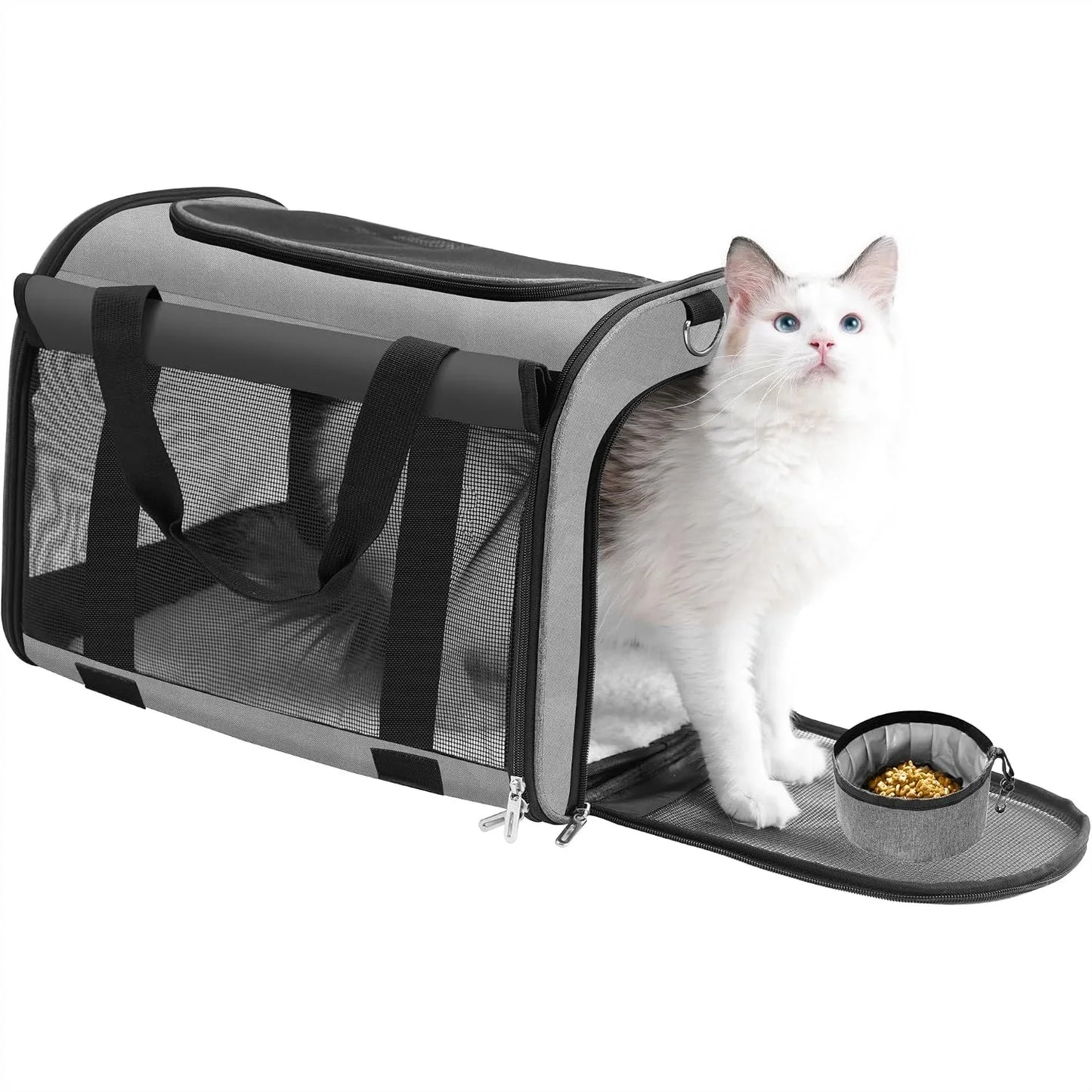 Cat Carrier Backpack with Roll-Up Shade for Travel, Breathable Mesh & Foldable Design Includes Collapsible Bowl & Cushion