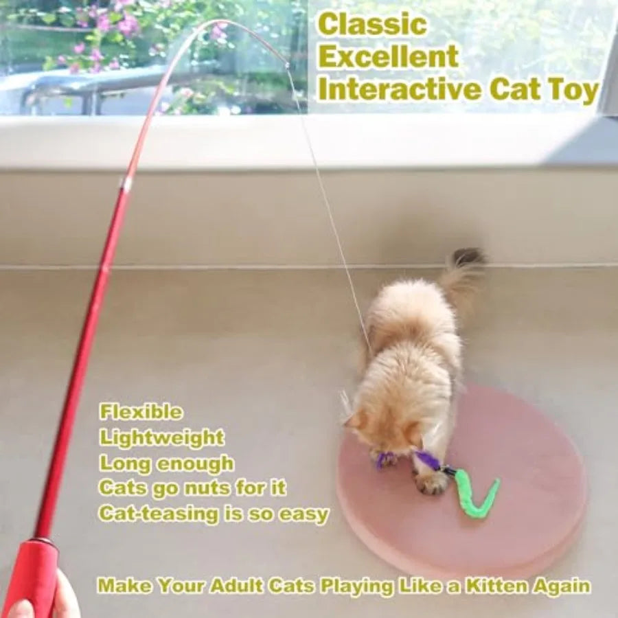 Cat Toys for Indoor Cats, Interactive Cat Toy 2PCS Retractable Wand Toy and 9PCS Cat Feather Toys Refills, Funny Kitten Toys Ca
