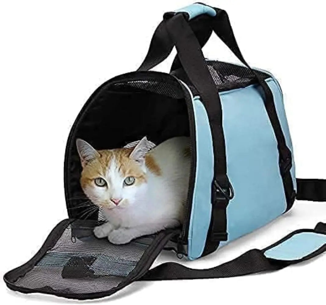 Soft Sided Cat Carrier for Travel with Foldable Design and Shoulder Strap, Small Blue for Pets Under 8lb