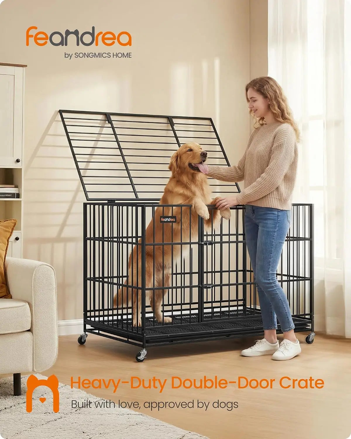 Heavy Duty Dog Crate, 5-Min Quick Assembly Foldable Kennel with Lockable Wheels, Double Doors, Escape Proof Bottom, Removable
