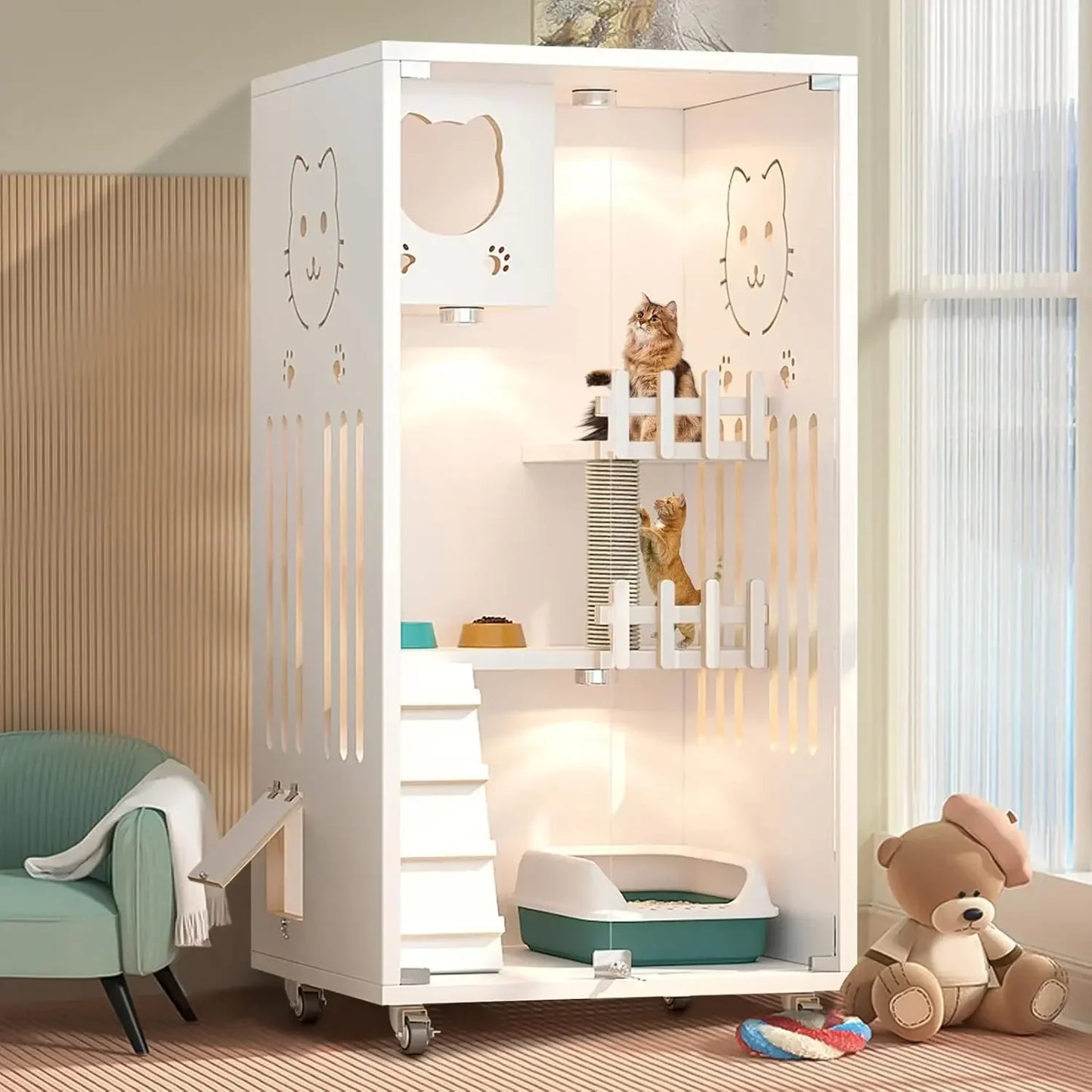 Large Wooden Cat House, Indoor Cat Condo Enclosed, Multi-Feature Luxury Cat Villa with Wheels Scratching Post,, Customized