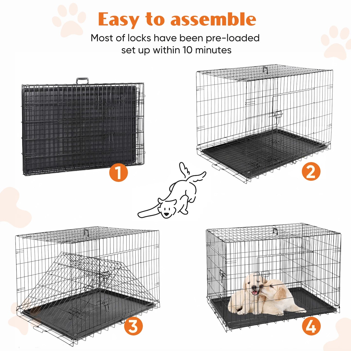 JHK Double Door Folding Wire Dog Cage With Leakproof Pan
