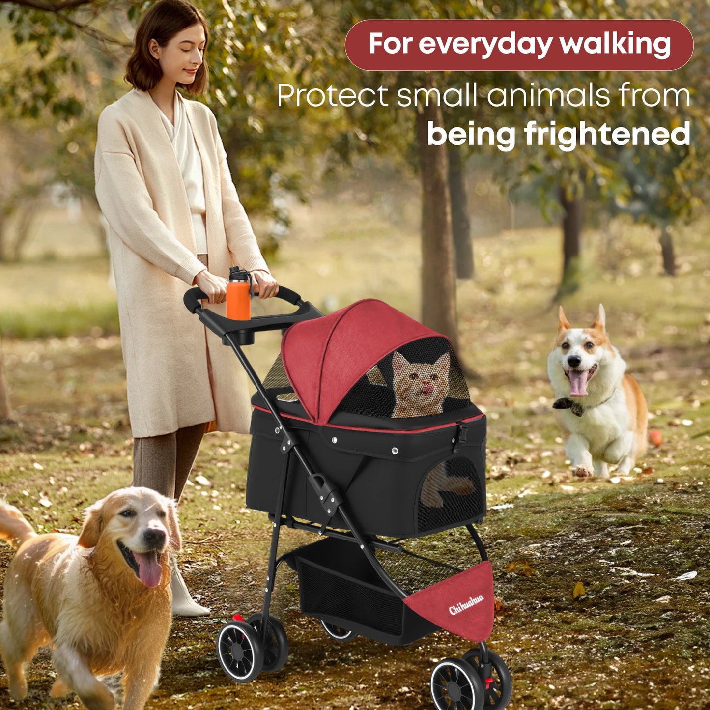 Chihuahua Pet Stroller Foldable Breathable Mesh Canopy Cats Dogs
