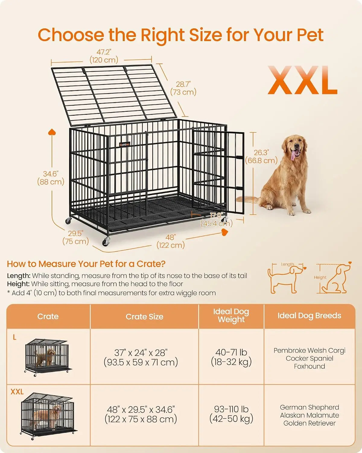 Heavy Duty Dog Crate, 5-Min Quick Assembly Foldable Kennel with Lockable Wheels, Double Doors, Escape Proof Bottom, Removable