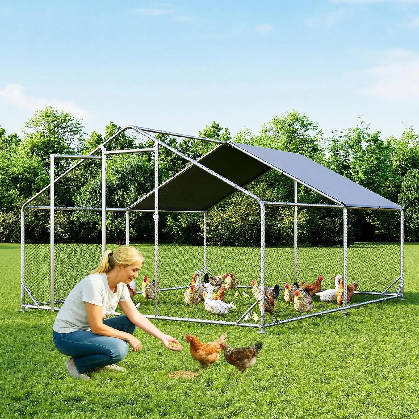 Sturdy Metal Chicken Coop With Outdoor Run And Spire Roof Enclosure