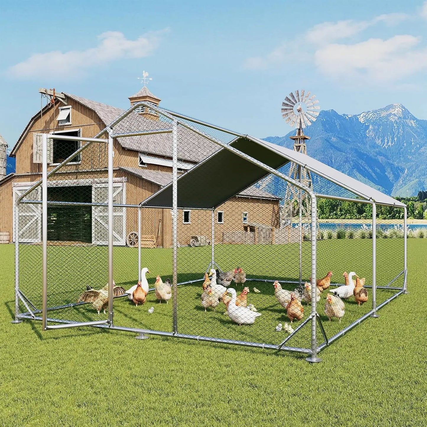 Sturdy Metal Chicken Coop With Outdoor Run And Spire Roof Enclosure