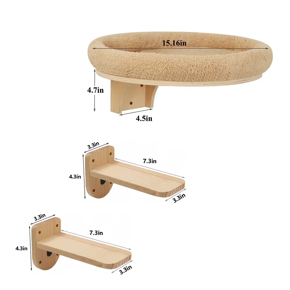 Solid Wooden Wall Mounted Cat Ladder And Hammock With Scratching Post