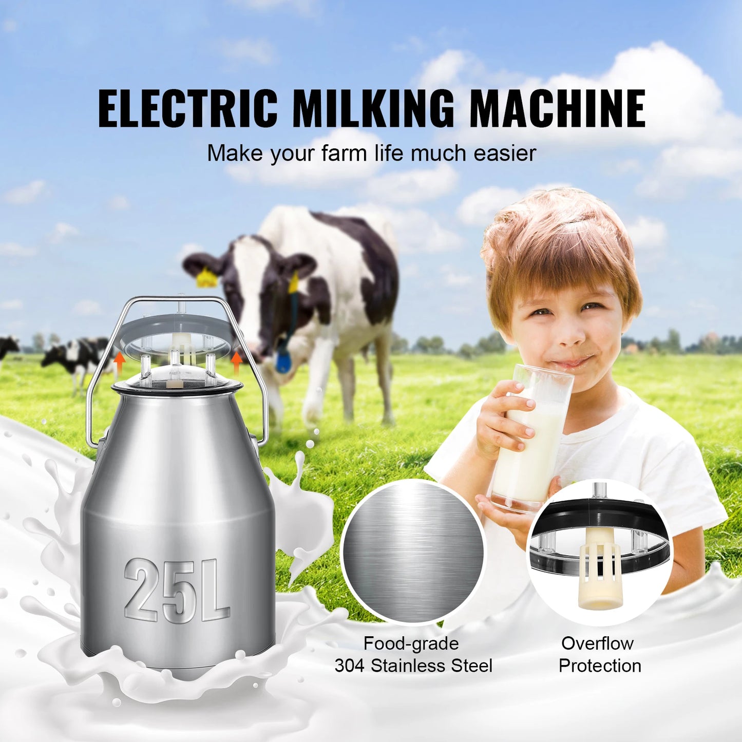 Electric Cow Milking Machine With Stainless Steel Bucket