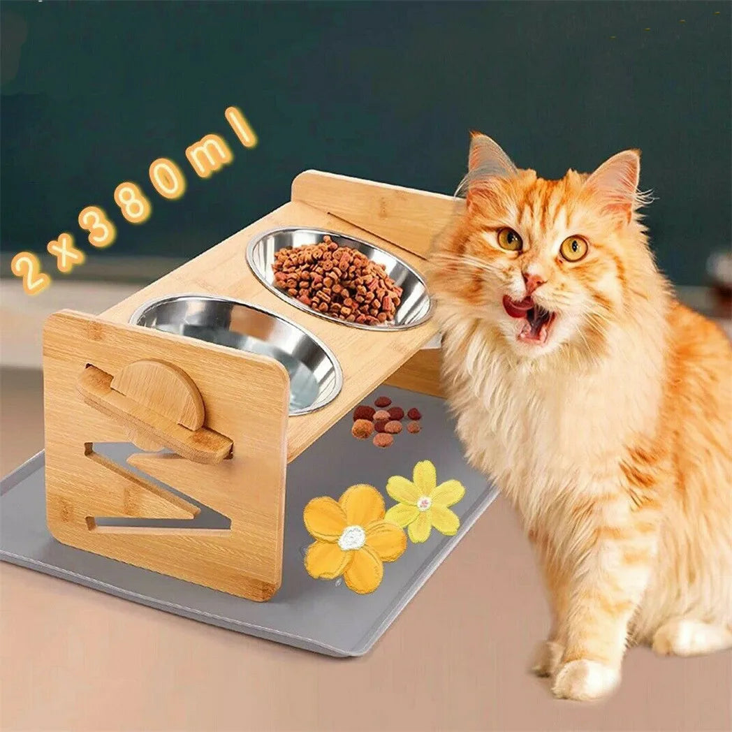 Adjustable Bamboo Raised Dog Feeding Stand With Stainless Steel Bowls