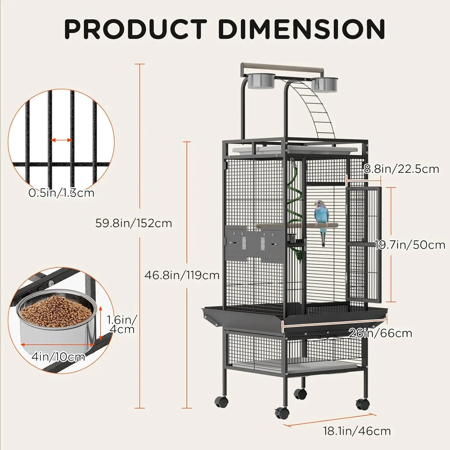 HiMISS Parrot Cage Rolling With Play Top And Bowls