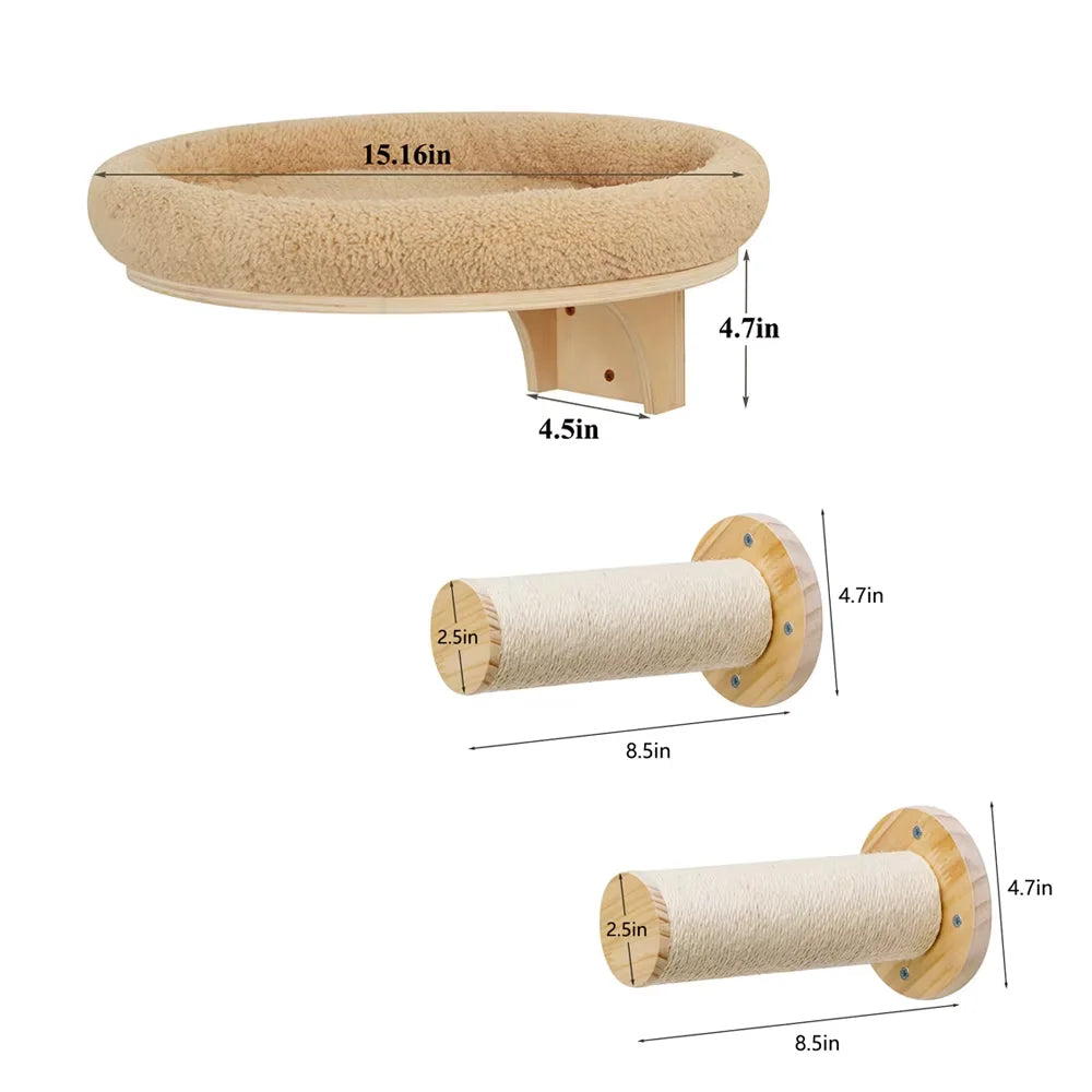 Solid Wooden Wall Mounted Cat Ladder And Hammock With Scratching Post