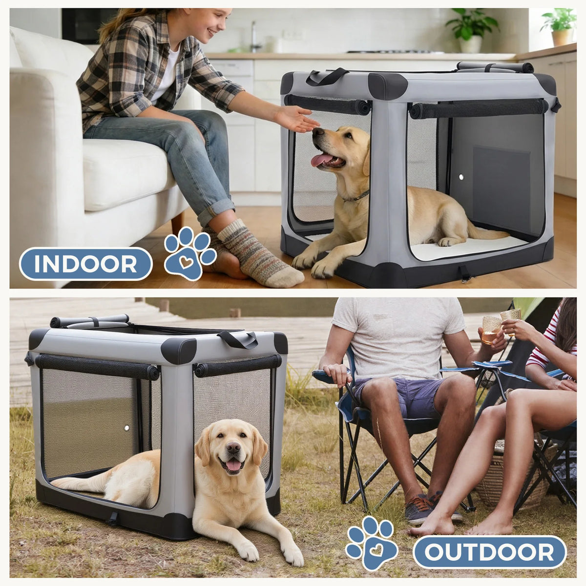 JHK Foldable Soft Dog Crate Portable Three Door Pet Kennel