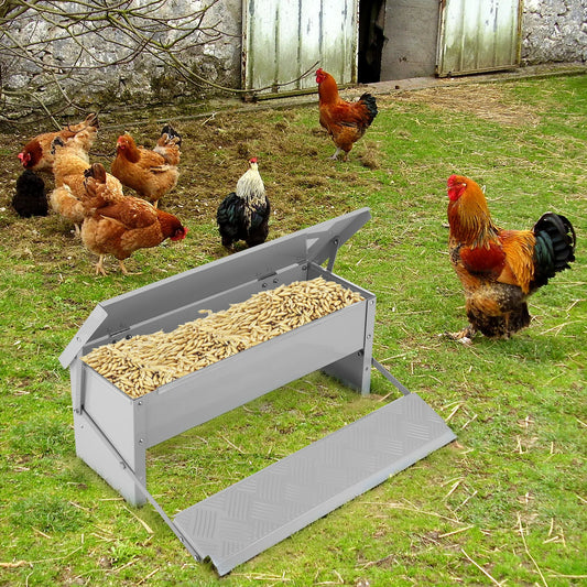 Automatic Chicken Feeder No Waste Treadle 11lb Stainless Steel Poultry Feeder with Weatherproof Lid for Chicken Pheasants Ducks