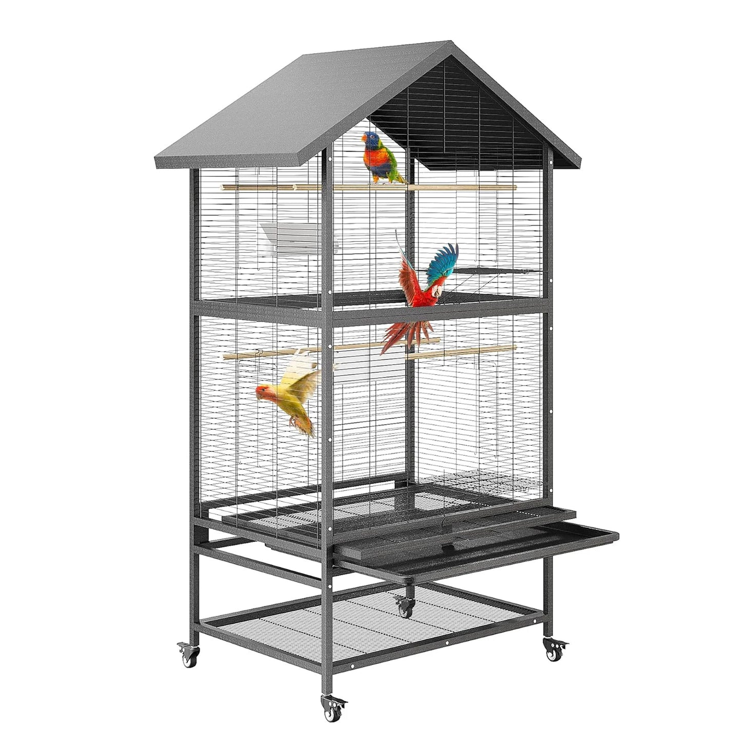 HiMISS Steel Parrot Cage With Casters Removable Tray And Feeders