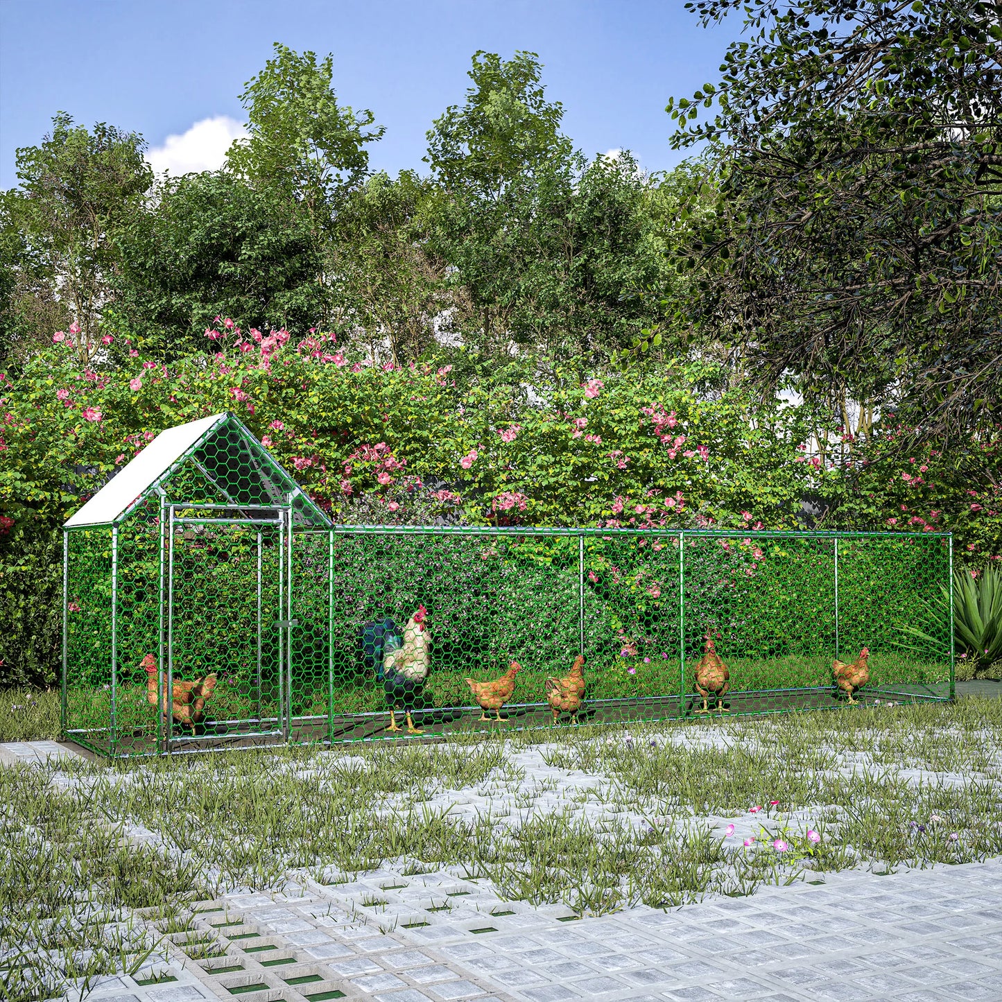 Metal Chicken Coop Run With Cover Durable Steel Frame PVC Coated Mesh