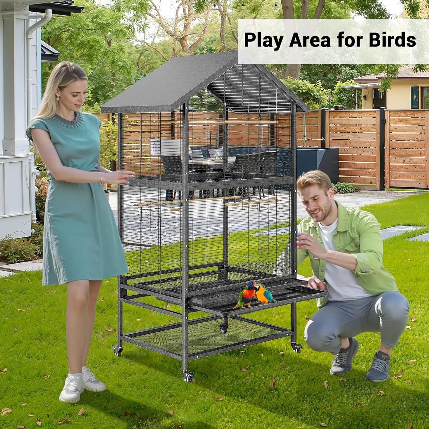 HiMISS Steel Parrot Cage With Casters Removable Tray And Feeders