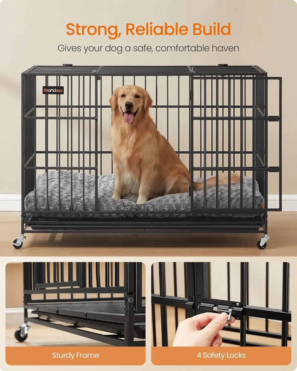 Heavy Duty Dog Crate, 5-Min Quick Assembly Foldable Kennel with Lockable Wheels, Double Doors, Escape Proof Bottom, Removable