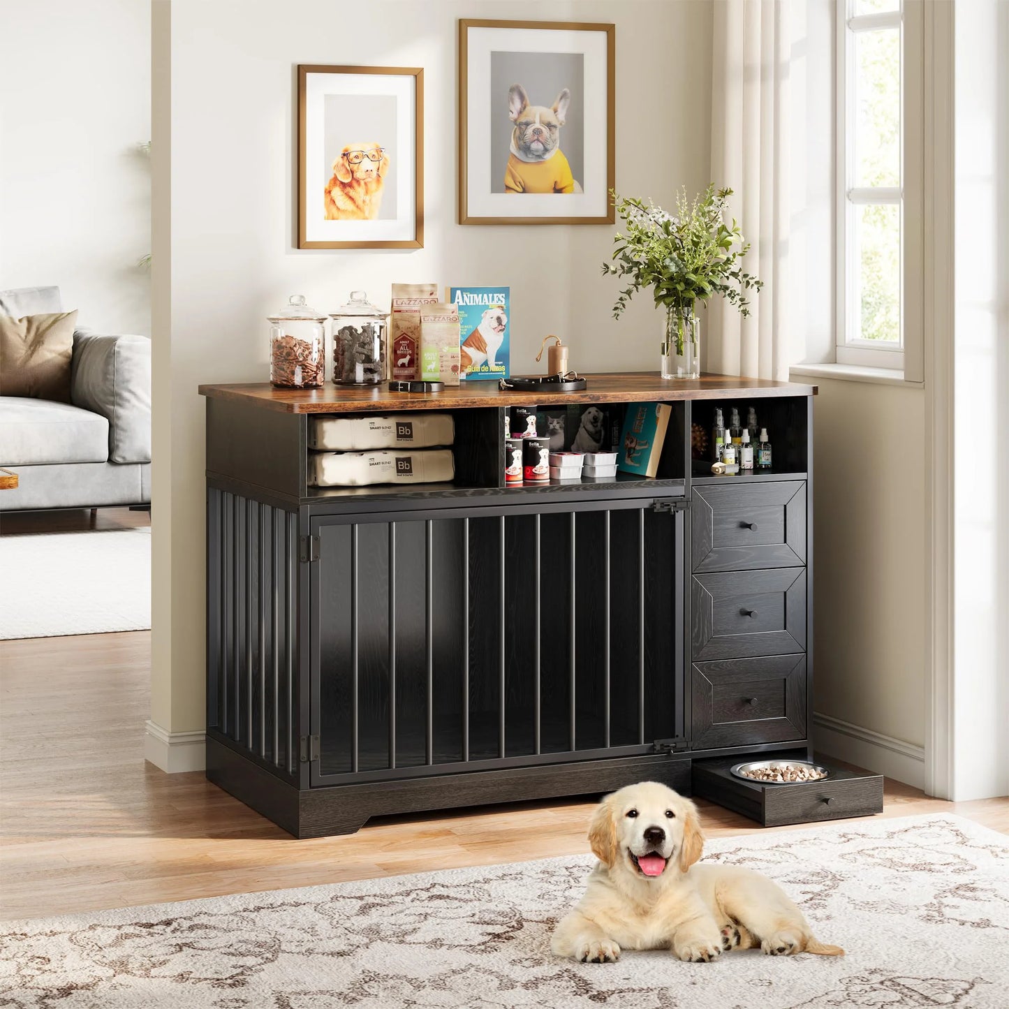 HiMISS Farmhouse Wooden Dog Crate End Table With Storage Drawers