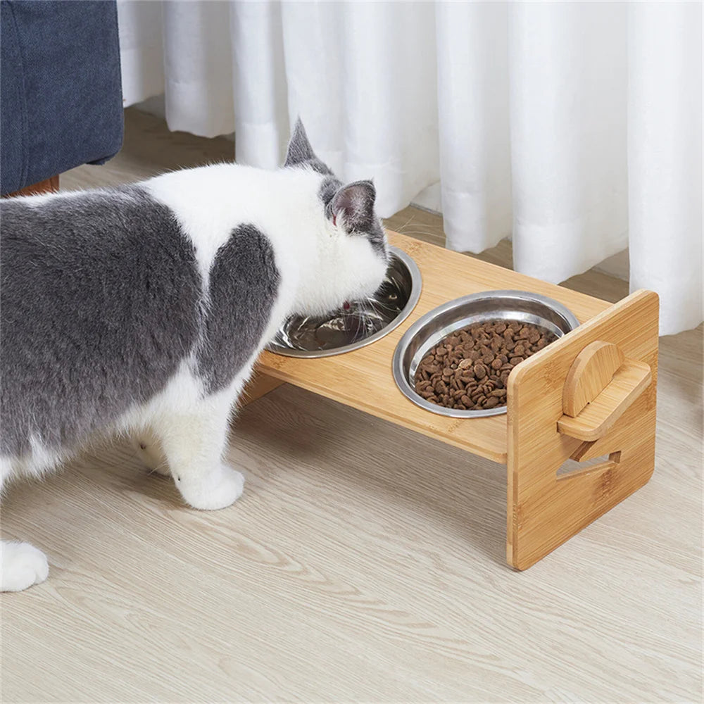 Adjustable Bamboo Raised Dog Feeding Stand With Stainless Steel Bowls