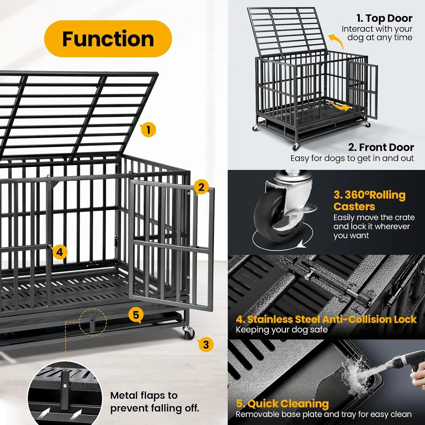 38 inch Heavy Duty Dog Crate for Large Dogs with Reinforced Baseplate, Double Door and Wheels, 200lbs Capacity