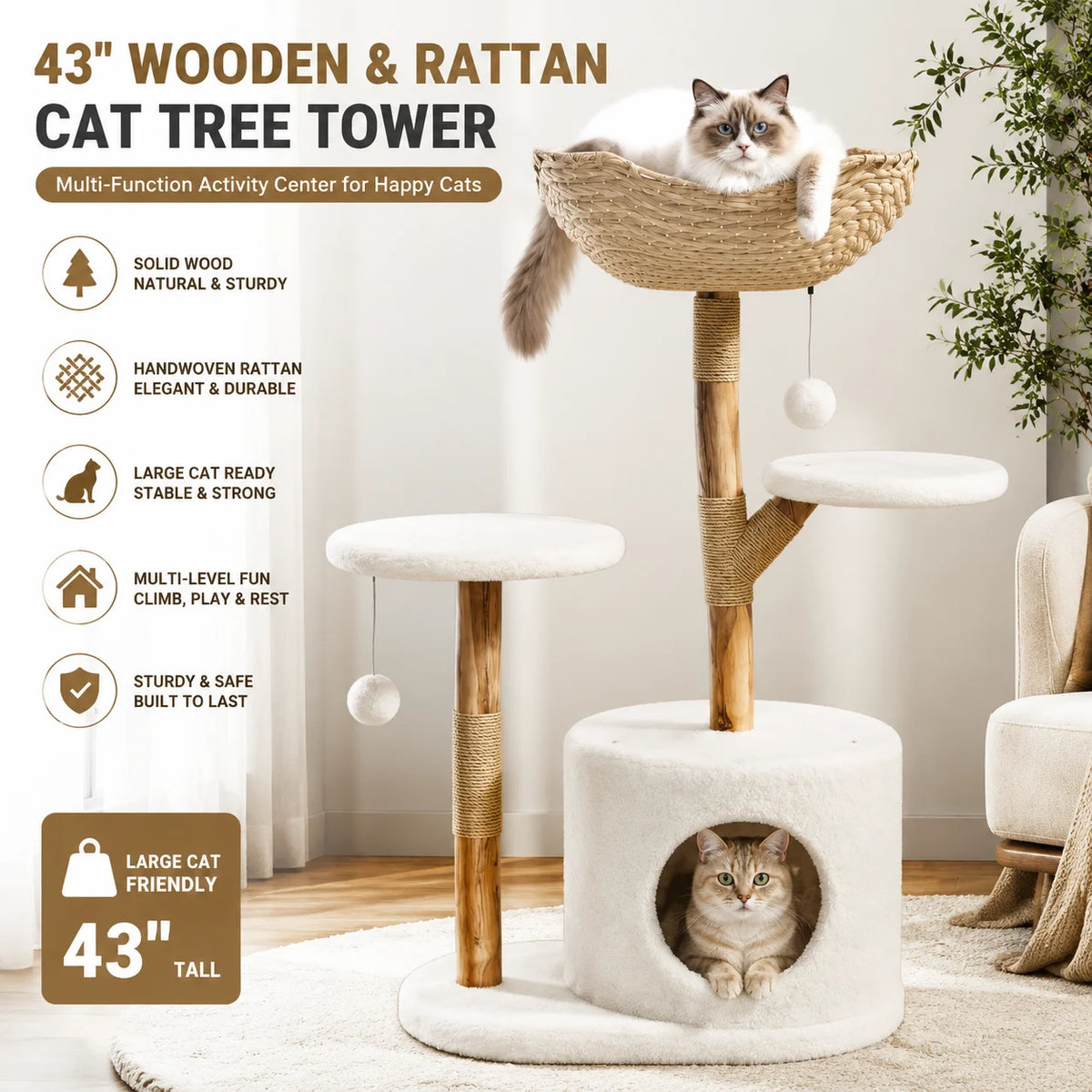 Wooden Cat Tree Tower With Rattan Perches For Indoor Cats