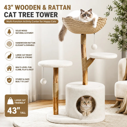 Wooden Cat Tree Tower With Rattan Perches For Indoor Cats