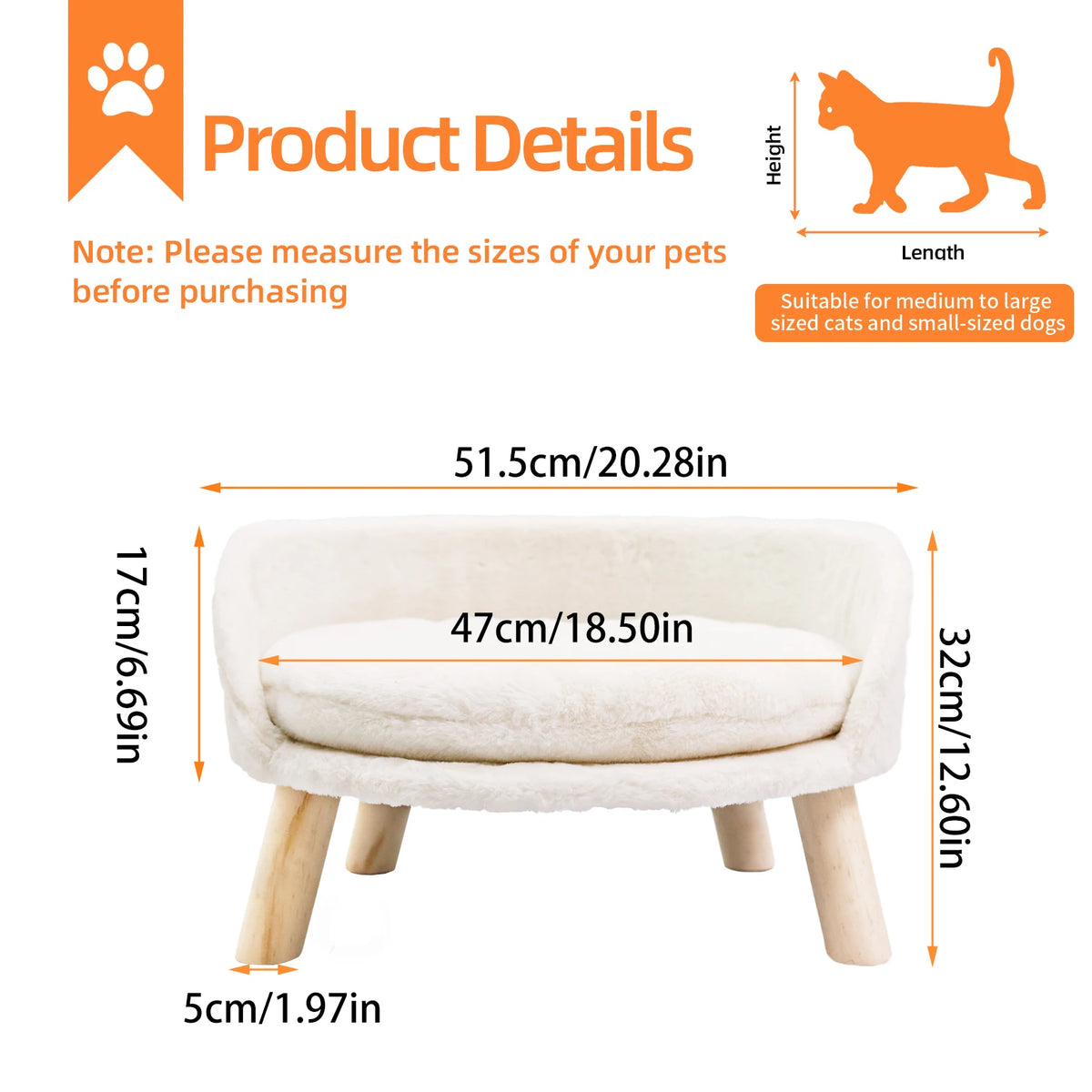 Borwart Elevated Dog Cat Sofa Bed With Removable Cotton Cushion