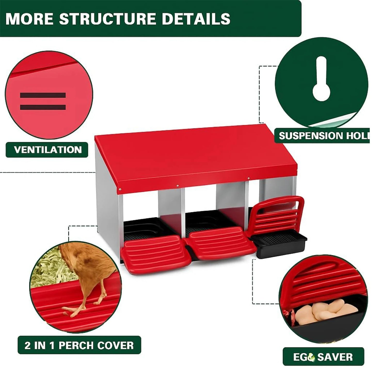 HiMISS Chicken Nesting Boxes 3 Compartment Roll Away Nest Box