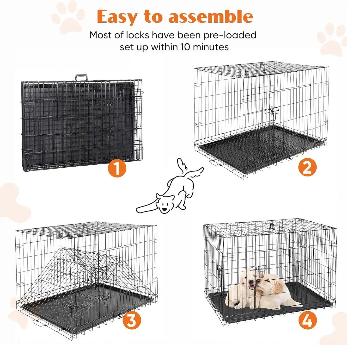 42 Inch Dog Crate for Medium Large Dogs, Double Door Folding Metal Wire Cage with Leak-Proof Tray for Indoor Outdoor Travel