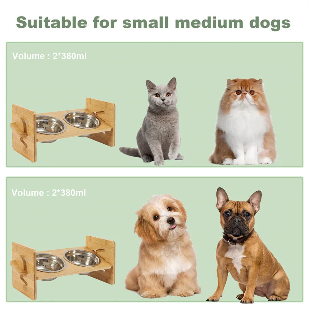 Adjustable Bamboo Raised Dog Feeding Stand With Stainless Steel Bowls