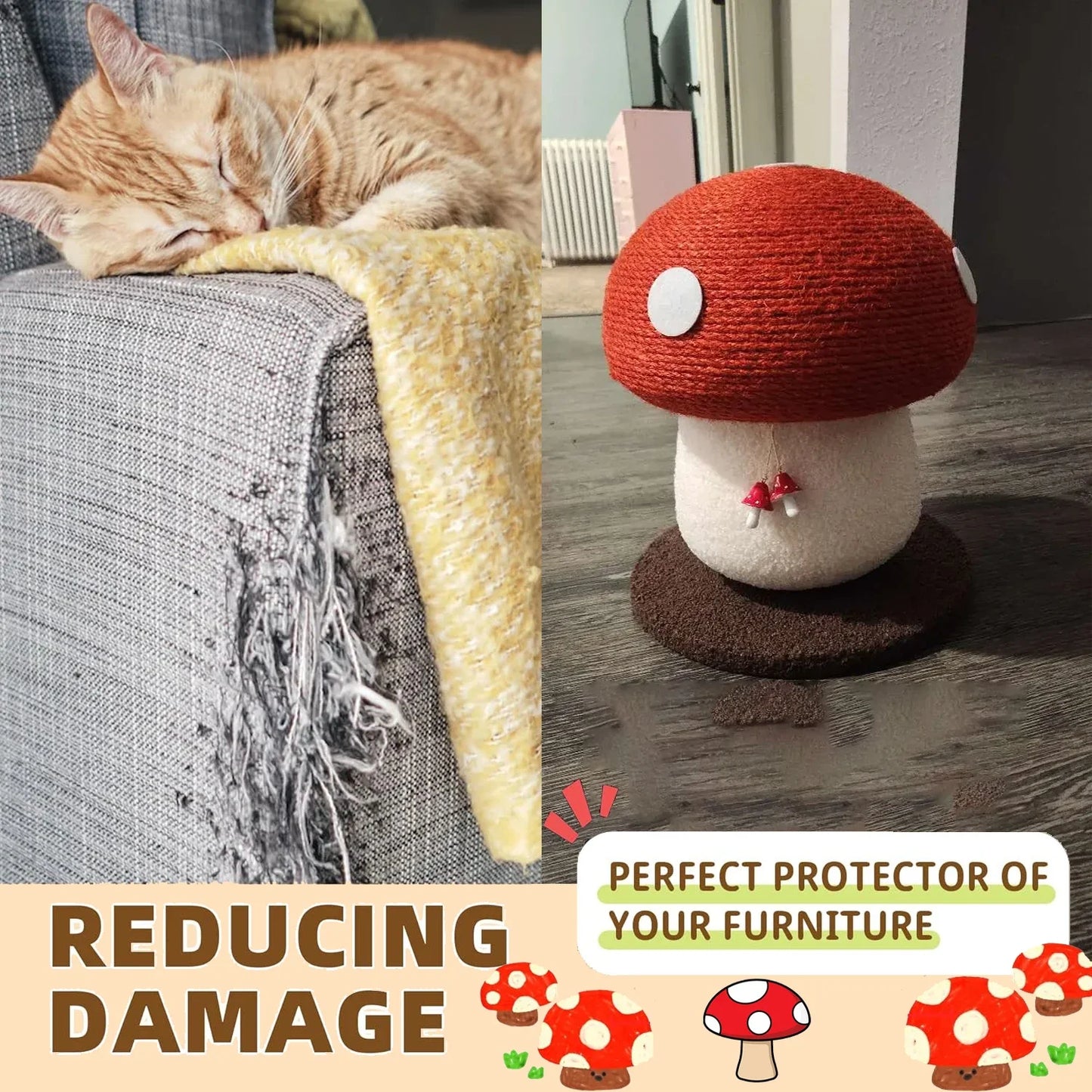 Mushroom-Shaped Sisal Cat Scratching Post Durable And Easy To Assemble