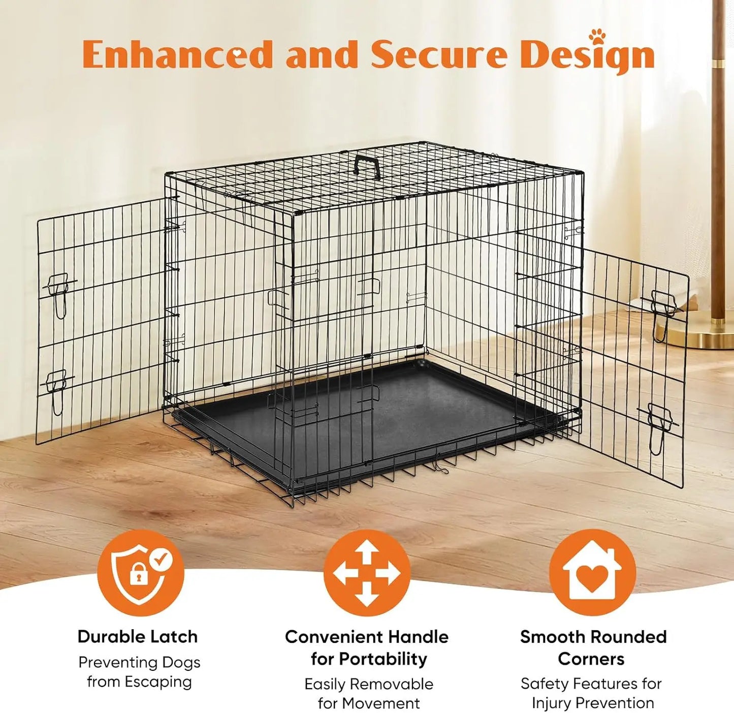 42 Inch Dog Crate for Medium Large Dogs, Double Door Folding Metal Wire Cage with Leak-Proof Tray for Indoor Outdoor Travel