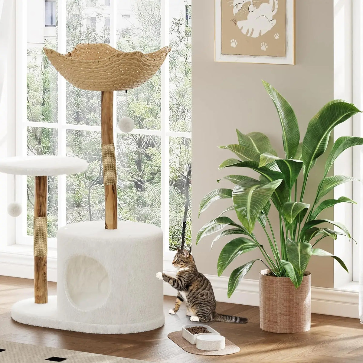 Wooden Cat Tree Tower With Rattan Perches For Indoor Cats
