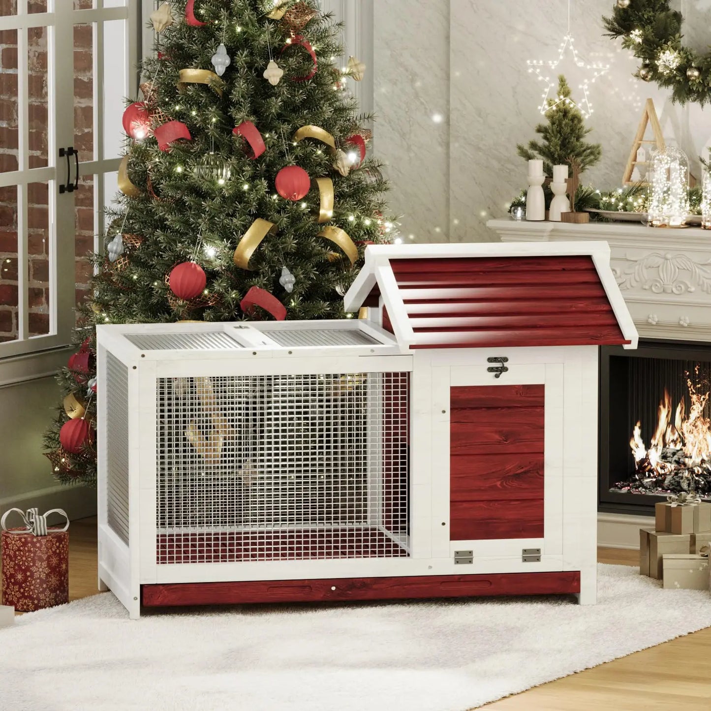 HiMISS Outdoor Wooden Rabbit Hutch With Nesting Box Openable Roof