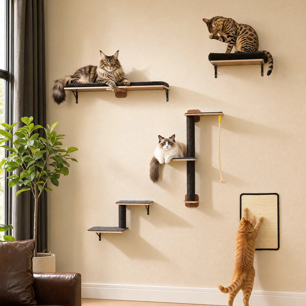 PAWZ Road Wooden Cat Wall Climbing Shelves With Scratching Perches